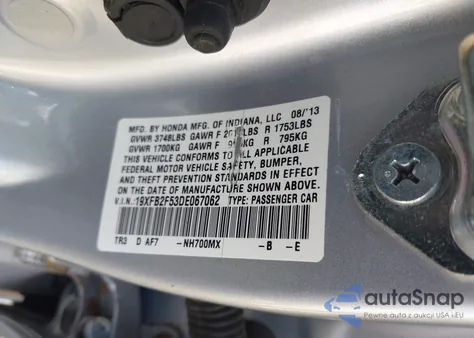 2013 Honda Civic Lx from USA, damaged, VIN 19XFB2F53DE067062